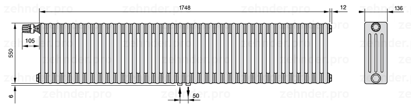 Схема (чертеж) Радиатор Zehnder Charleston 4055/38 №V007 Белый глянцевый RAL 9016